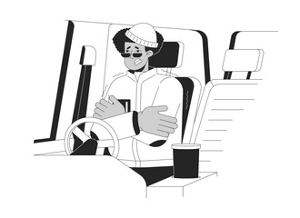 Survive trapped in car in snow black and white cartoon flat illustration. Latino man freezing inside vehicle 2D lineart character isolated. Shivering without heater monochrome vector outline image