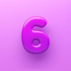 3D Purple number 6 with a glossy surface on a purple background .