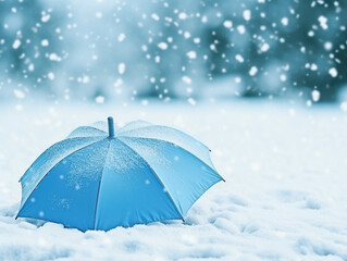 Blue umbrella on snowy ground. Blue Monday concept