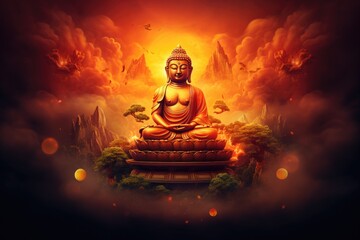 Buddhism. Indian religion of peace, god Buddha in the lotus position prays for world peace. Holy...