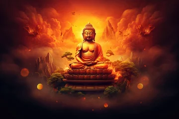 Zelfklevend Fotobehang Buddhism. Indian religion of peace, god Buddha in the lotus position prays for world peace. Holy statue worship of all believers © Gizmo