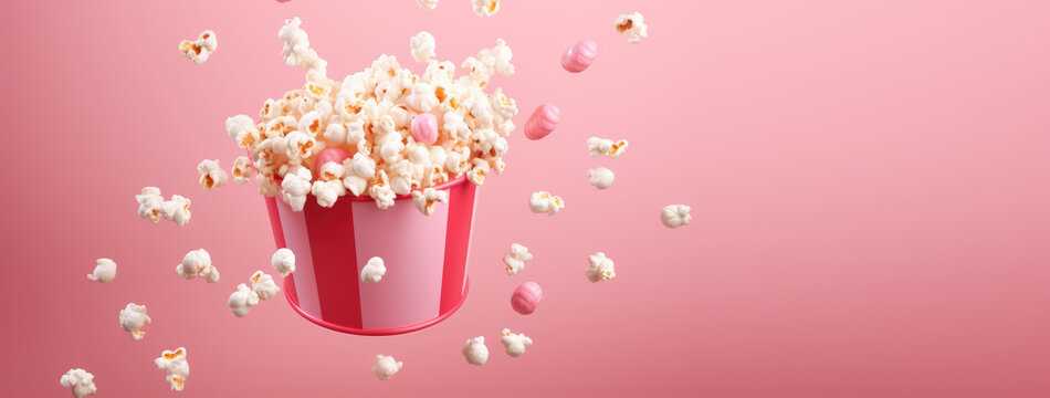 Bucket with popcorn flying in the air, levitation, promo banner, fluffy sweet corn in paper box on flat pink background.  