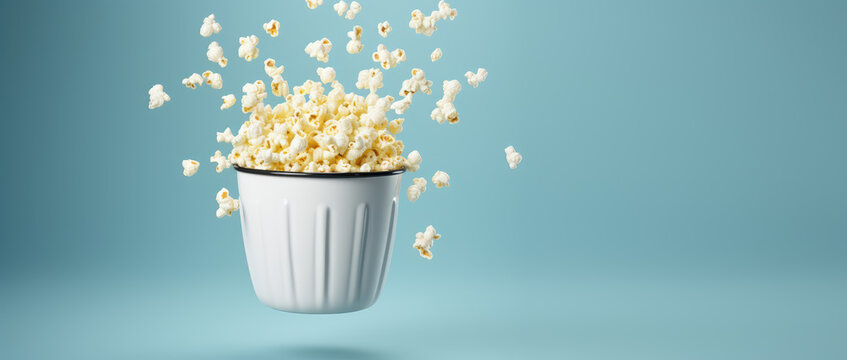 Bucket with popcorn flying in the air, levitation, promo banner, fluffy sweet corn in paper box on flat background.  