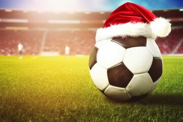 Close up of soccer ball with santa hat in sports stadium.