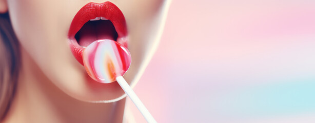 Close-up of brightly colored female lips eating and licking a candy lollipop on a stick isolated on flat pink background with copy space.