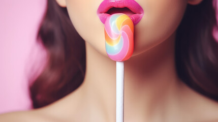 Close-up of brightly colored female lips eating and licking a candy lollipop on a stick isolated on flat background with copy space. - obrazy, fototapety, plakaty