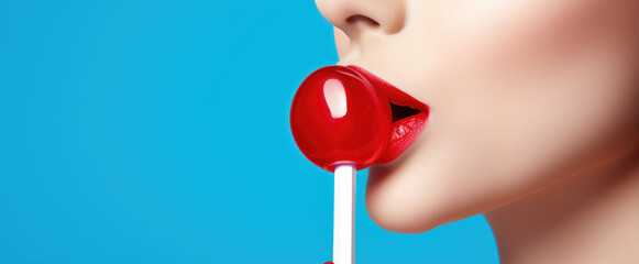 Close-up of brightly colored female lips eating and licking a candy lollipop on a stick isolated on flat blue background with copy space.