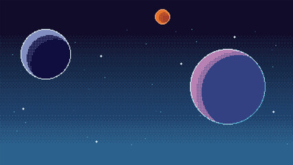 Pixel art space background. Planets and stars in retro 8 bit video game style. Space, cosmos or fantasy universe vector illustration. - obrazy, fototapety, plakaty