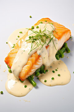 Vertical Close-up of cooked white fish filet with white creamy cheese sauce drizzled on top, commercial photo for restaurant menu.