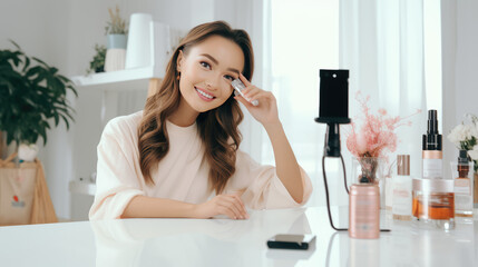 Female influencer live streaming or recording video from her phone. Female beauty blogger filming a makeup tutorial at home in living room.