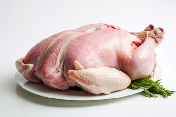 Raw whole chicken carcass on white background
