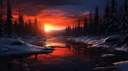 Fototapeta na wymiar Sunset in winter forest. Landscape view of sunset in winter.