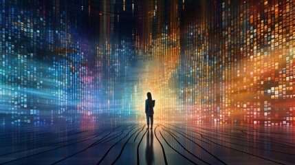 Digital binary data, a person in a furistic digital cyber-space, colors, artificial intelligence coding science technology, wallpaper
