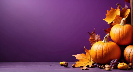 Naklejka na ściany i meble Pumpkins, Autumn Fruits, and Autumn Leaves on a Purple advertisement background with space for text at the side - AI Genreative