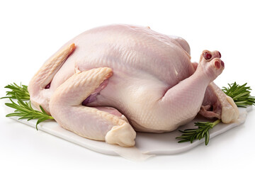 Raw whole chicken carcass on white background