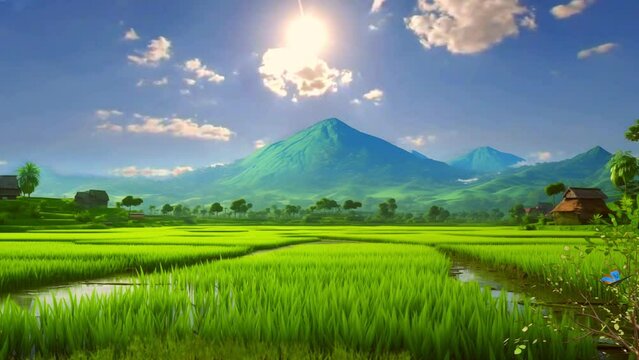 Beautiful green rice field view animation landscape background. Seamless looping 4K time-lapse virtual illustration video animation