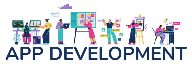Web, app development vector banner, software developer working with computers, programmer engineering and coding interface