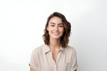 Close-Up Portrait of a Happy Fictional Woman with Brown Hair Smiling. Isolated on a Plain Background. Generative AI. - obrazy, fototapety, plakaty