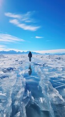 Man walking on the frozen lake. Man tourist walking on ice