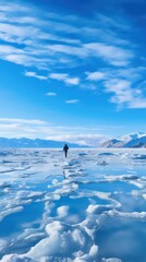 Man walking on the frozen lake. Man tourist walking on ice