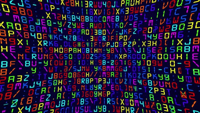 Colorful digital code matrix motion background - flashing multicolored letters, numbers and punctuation marks. Computer programming or hacking concept. 4K looping information technology background.