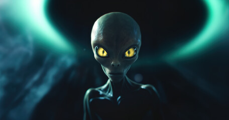 Wide shot portrait of Alien with glowing reptilian eyes - obrazy, fototapety, plakaty