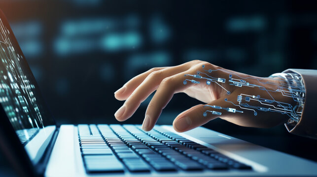 Robot hands and fingers indicate the concept of robotic work behind a laptop.Generative AI