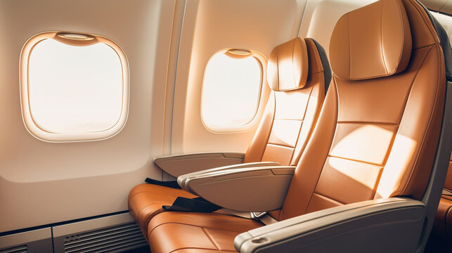 Luxury airplane seets with sun shining trough window