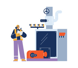 Woman engineer and technical equipment, flat cartoon vector on white