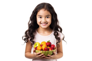 Fototapeta premium little girl holding a basked of fruits - isolated on white background