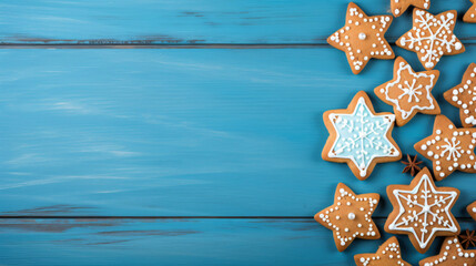 Fototapeta na wymiar Gingerbread cookies with jewish signs on blue wooden