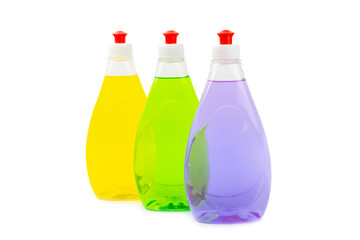 Cleaning products for home cleaning isolated on white background. Cleaning concept. Close-up. Household chemicals.Cleaning and detergents in plastic bottles, sponges and gloves.