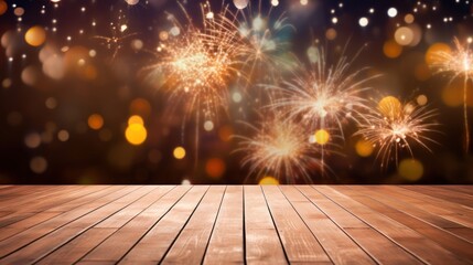 Wood floor empty with bokeh lights on fireworks background, Advertisement, Print media, Illustration, Banner, for website, copy space, for word, template, presentation