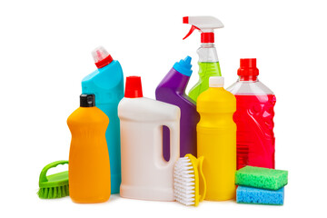 Cleaning products for home cleaning isolated on white background. Cleaning concept. Close-up. Household chemicals.Cleaning and detergents in plastic bottles, sponges and gloves.