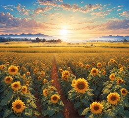 Obraz premium Sunflower field at sunset, Beautiful natural landscape with sunflowers.