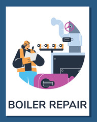 Plumber making some notes in his clipboard, Boiler repair cartoon vector poster, engineer inspecting heating system