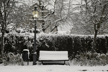 Bench in the Snow - Winter - Lantern - Snow - Cold - Background - Park	