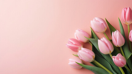 Bouquet of pink tulips on pastel pink background .