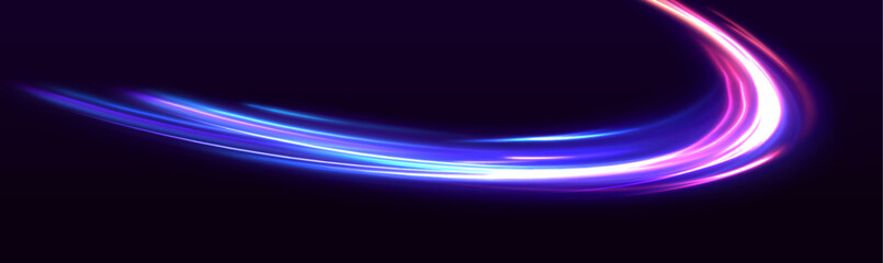 Neon line as speed or arc, turn, twist, bend in light effect. Light arc in neon colors, in the form of a turn and a zigzag. Abstract background in blue, yellow and orange neon colors.