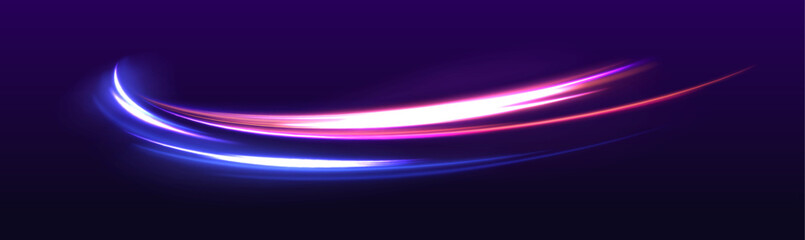 High-speed light line in the form of a road and a highway in a night city. Neon stripes in the form of drill, turns and swirl. Speed of light concept background.	