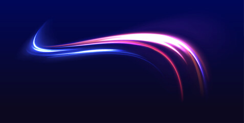 Neon swirls with light effect in the form of a spiral. Laser beams, horizontal light rays. Particle motion effect. Magic of moving fast lines. © ikril