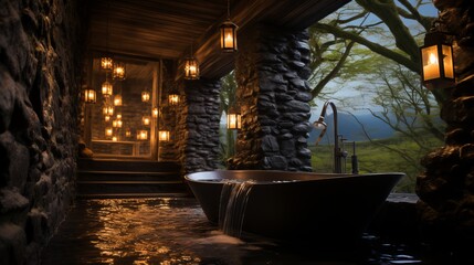 The interior of the bathroom is surrounded by vegetation, wood and stone elements, in the center there is a black bathtub filled with water from a floor tap. A mountain landscape.