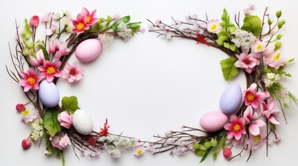 Easter layout with eggs and botanical elements,free copy space