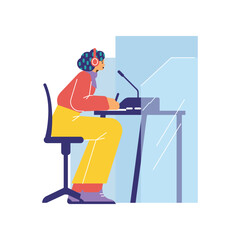 Woman multi language translator in microphone help understanding and interpreting, vector translation service