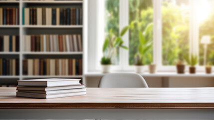 Montage horizontal template, empty classic office desk or school desk in classroom or workroom, blurred background. Blank table with copy space, book shelves.