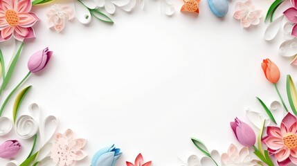floral border frame in quilling technic, Easter illustration with copy space,sales banner - obrazy, fototapety, plakaty