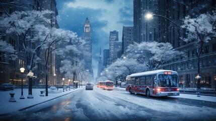 Fototapeta premium Snowy Urban Scenes: Dive into the serenity of winter with our van on snow-covered streets.