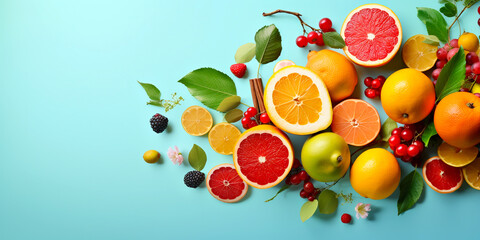Various fruits Healthy food concept from top view Including fruits with high vitamins, fresh fruits such as oranges, apples, grapes, etc., with space on a blue background.