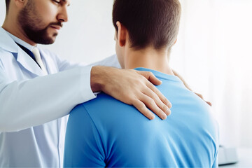 The doctor corrects the patient's shoulder and back. Osteopath, chiropractor, тmassage therapist - obrazy, fototapety, plakaty