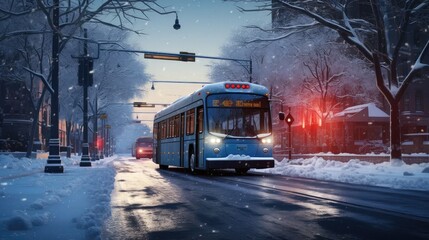 Obraz premium Snowy Urban Scenes: Dive into the serenity of winter with our van on snow-covered streets.